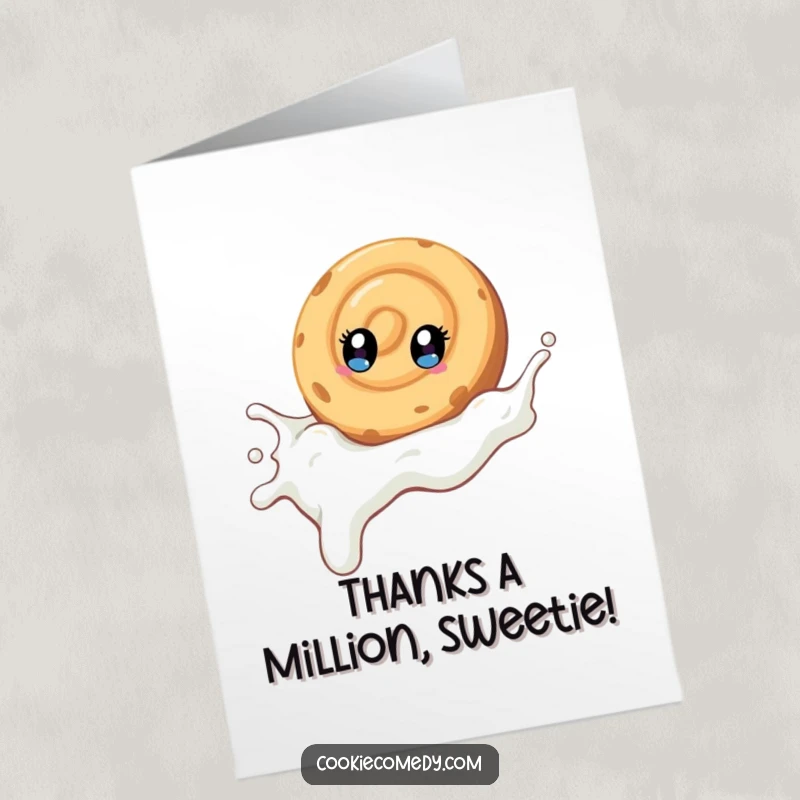 Funny Free Printable Thank You Card: A swirled cookie with bright eyes gleefully sliding down a stream of milk.