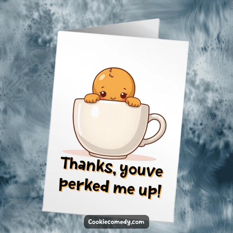 Funny Free Printable Thank You Card: A shy gingerbread person peeking out from behind a giant steaming coffee cup.