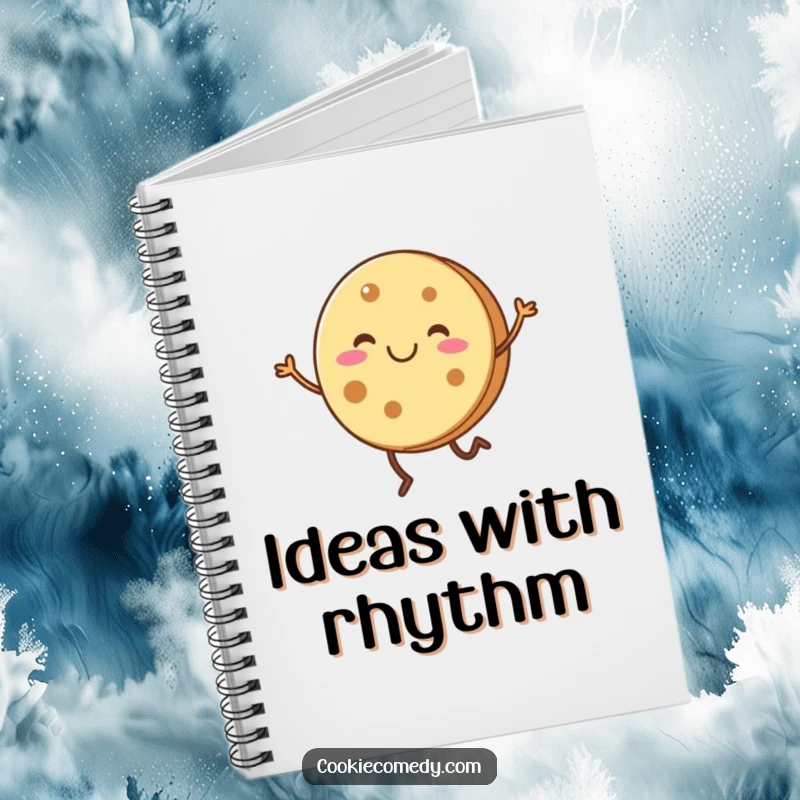 Funny, smiling round cookie character with short legs doing a joyful dance on the cover of a lined notebook.