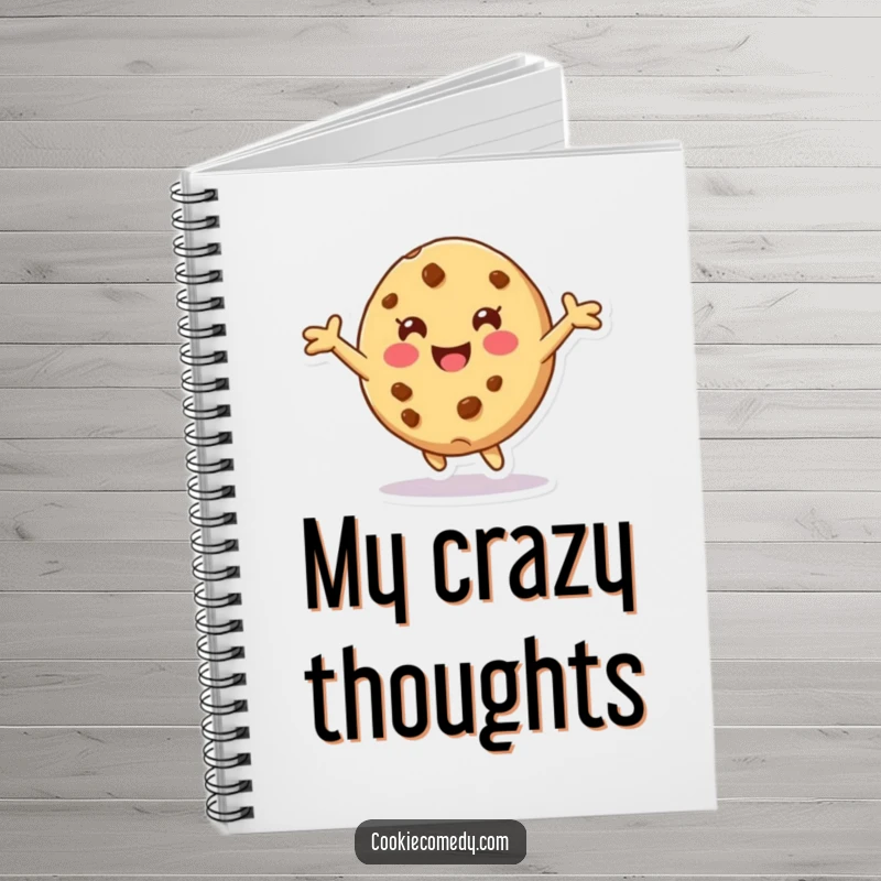 Funny notebook with a cookie character with arms outstretched, playfully tumbling forward, perfect for jotting down notes with a whimsical theme.