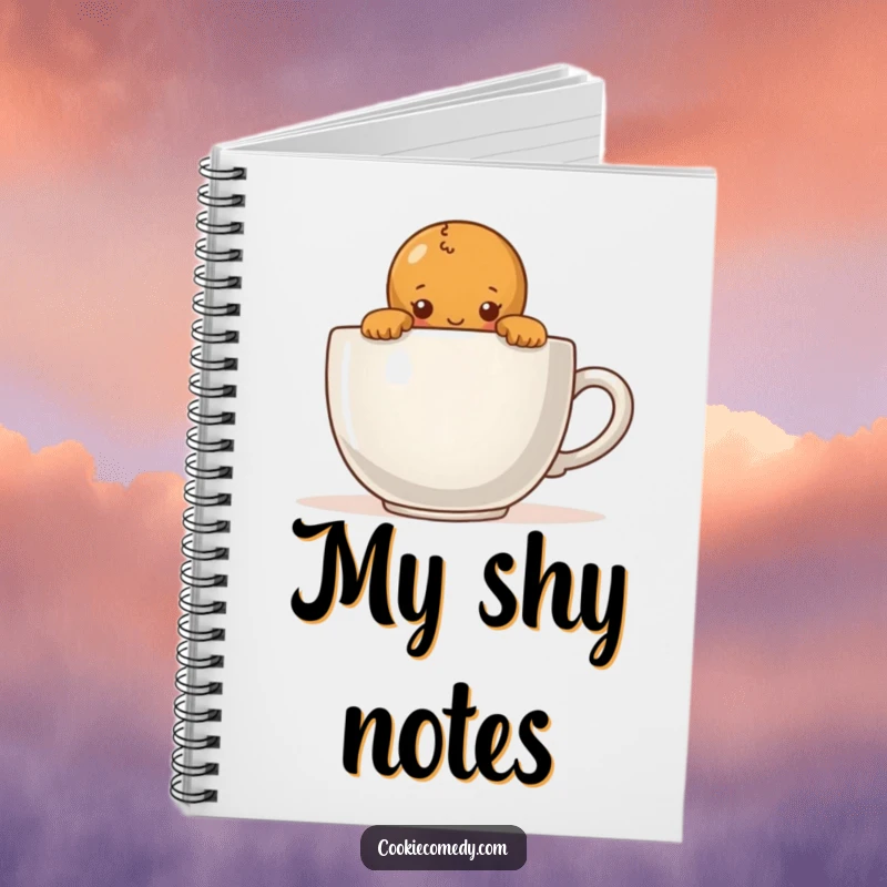 Funny notebook cover with a shy gingerbread person peeking over a giant coffee mug, ideal for journaling and creative writing.