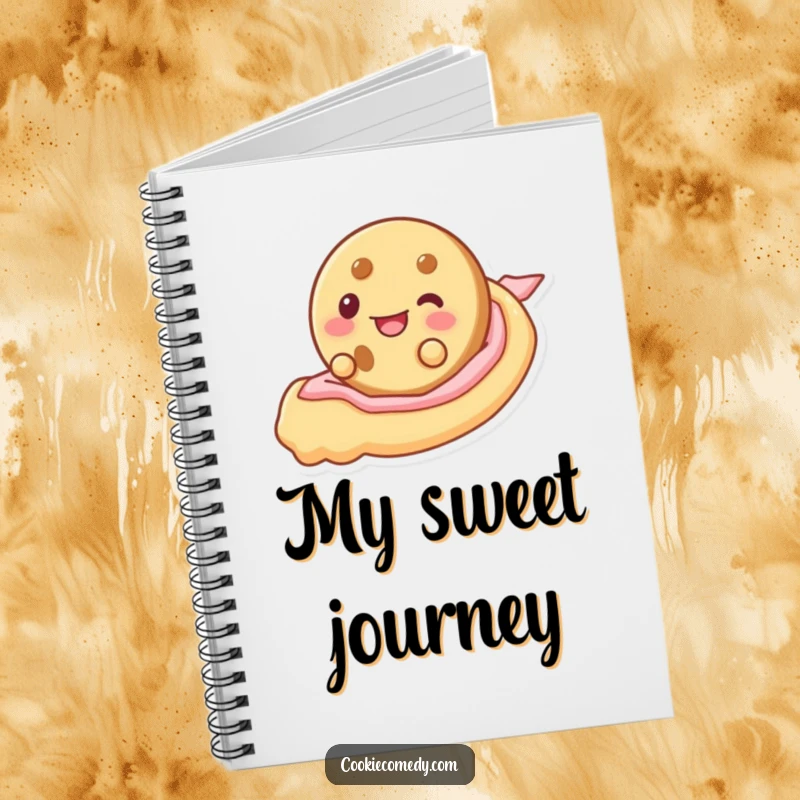 Funny notebook with a cookie character joyfully sliding down frosting, perfect for taking notes with a sweet and humorous theme.