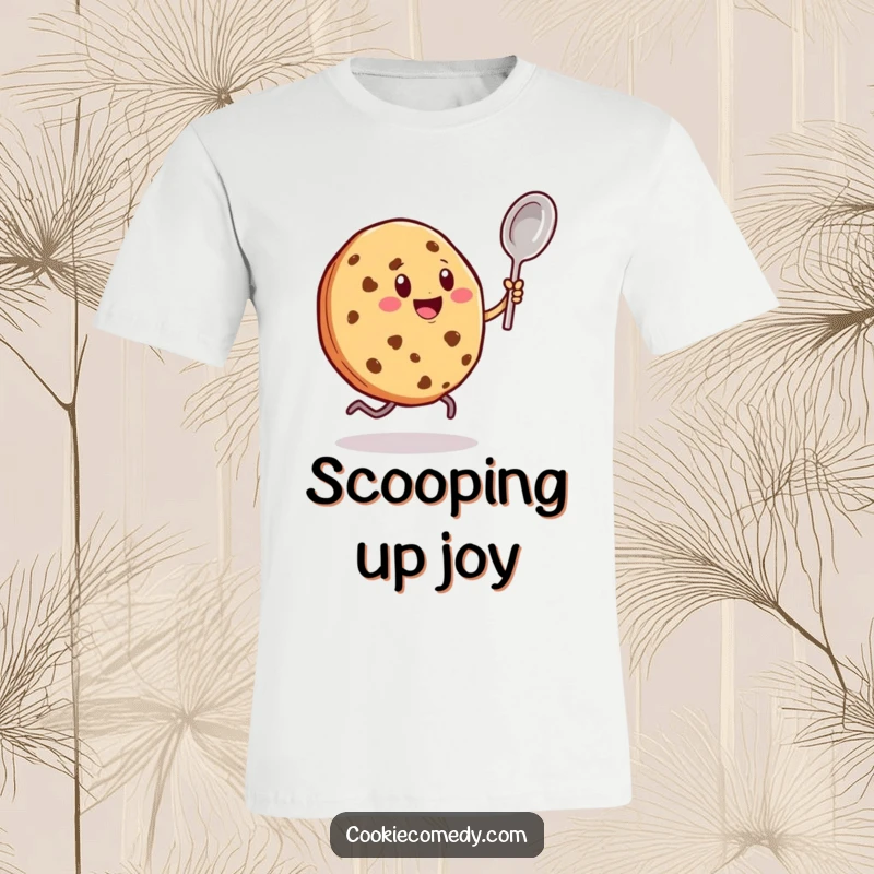 Funny t-shirt featuring a cookie character with little legs enthusiastically dancing with a tiny spoon, celebrating rhythm and pure joy.