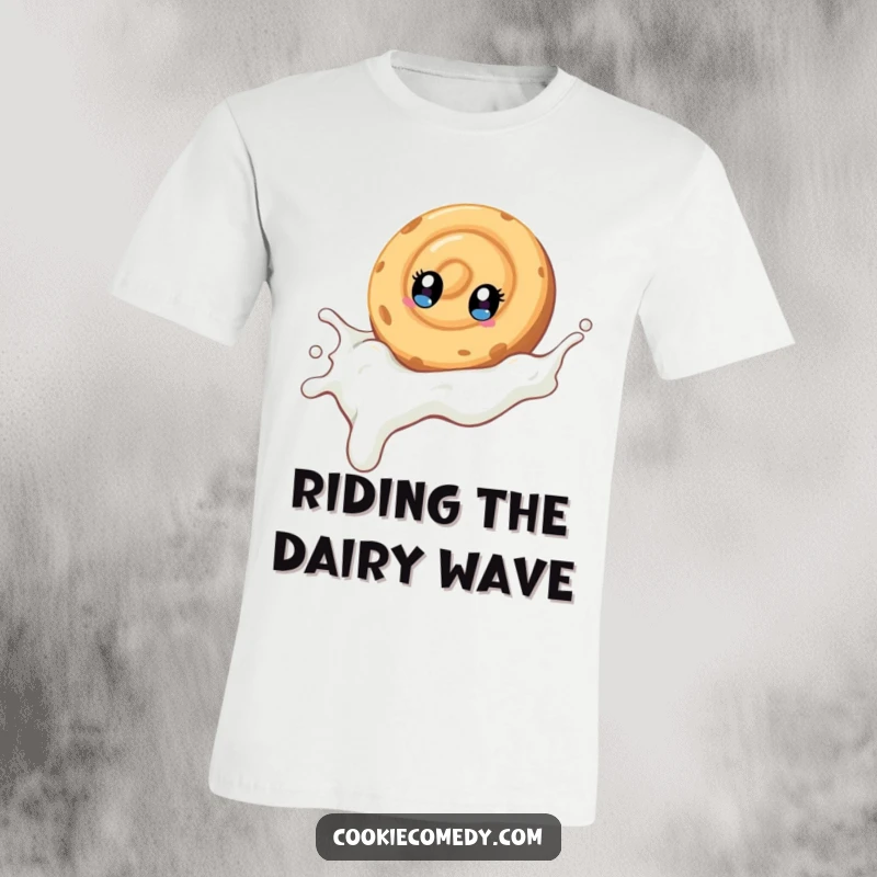 Funny t-shirt showing a swirled cookie character with wide eyes, gleefully sliding down a white stream of milk, a delicious moment.