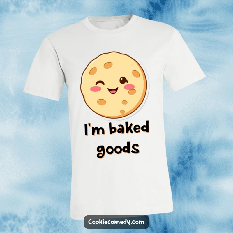 Funny t-shirt showcasing a cheerful cookie character with simple eyes, a wide smile, and a playful wink, offering a humorous statement.