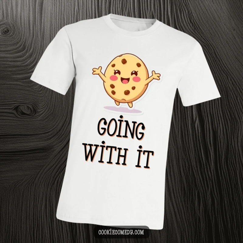 Funny t-shirt featuring a cookie character with arms outstretched, playfully tumbling forward in a depiction of carefree fun.