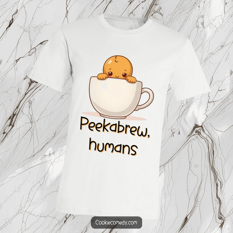 Funny t-shirt illustration of a shy gingerbread person peeking over the edge of an oversized coffee cup, a sweet and timid gesture.