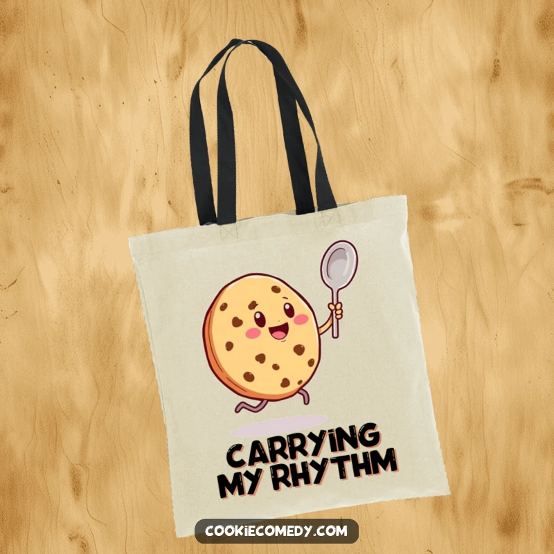 Funny tote bag with a cookie character enthusiastically dancing with a tiny spoon, perfect for carrying items with rhythm and flair.