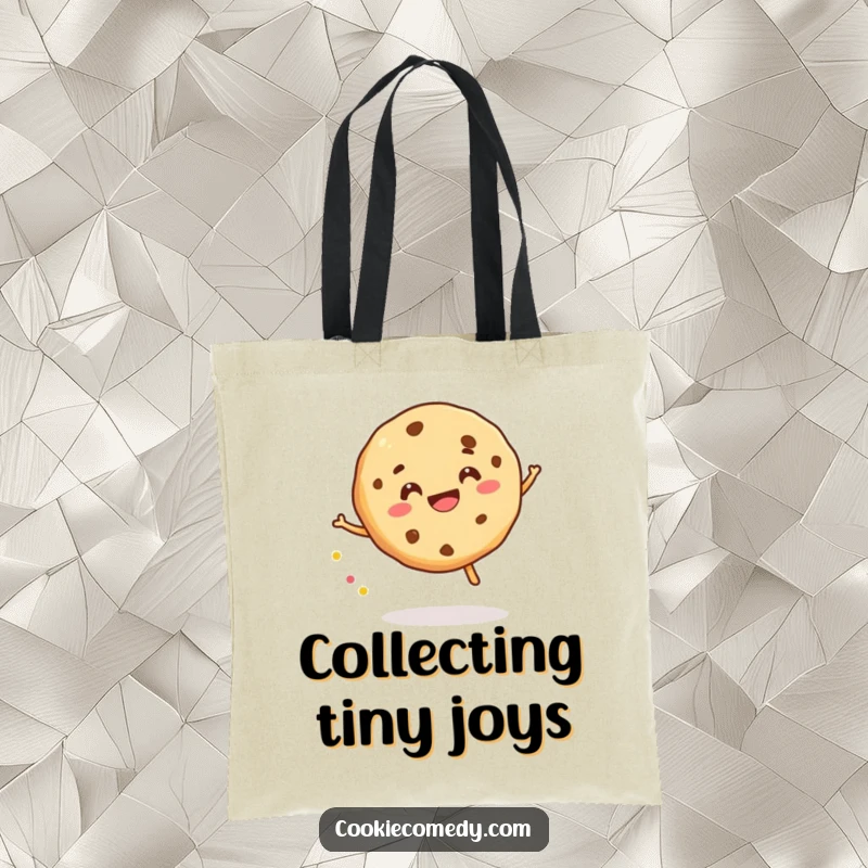 Funny tote bag featuring a smiling cookie character gleefully bouncing a tiny sprinkle, perfect for carrying items with playful energy.