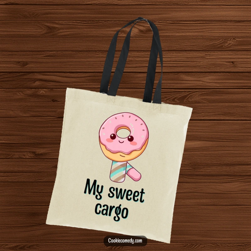 Funny tote bag depicting a smiling donut character balancing on a red and white candy cane, perfect for carrying everyday items with flair.