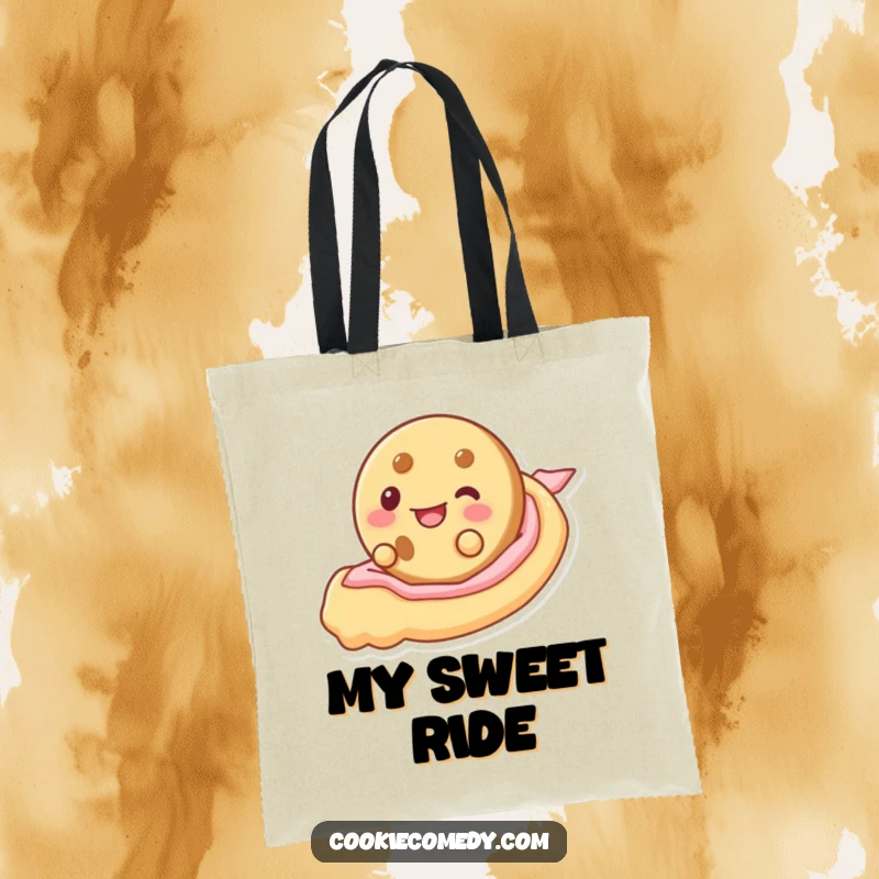 Funny tote bag depicting a cookie character enjoying a thrilling ride down a frosting slide, ideal for carrying items with flair.