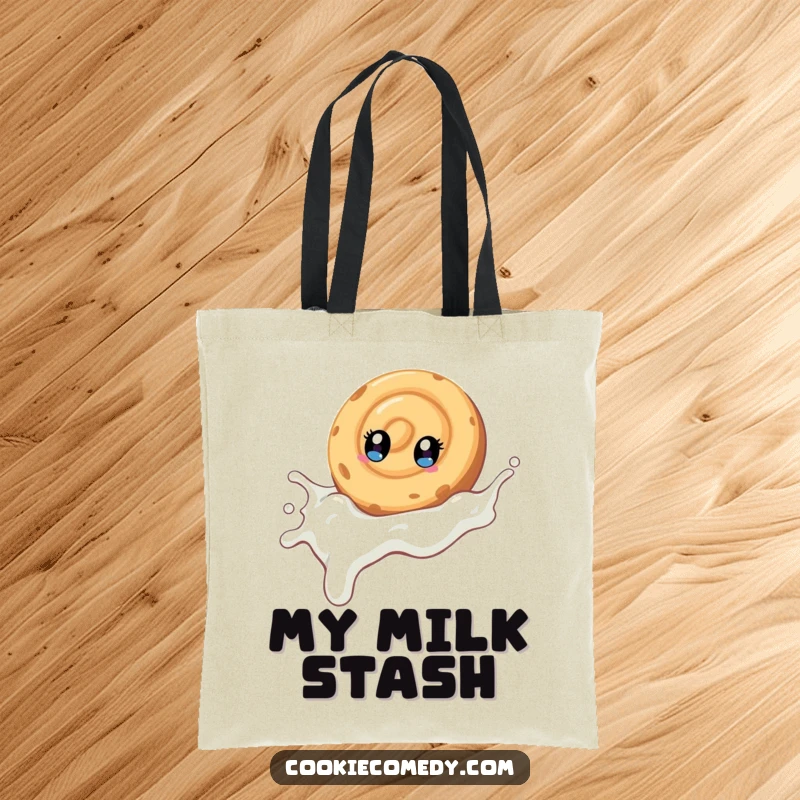 Funny tote bag depicting a swirled cookie character with wide, curious eyes, sliding down a stream of milk, great for carrying essentials.