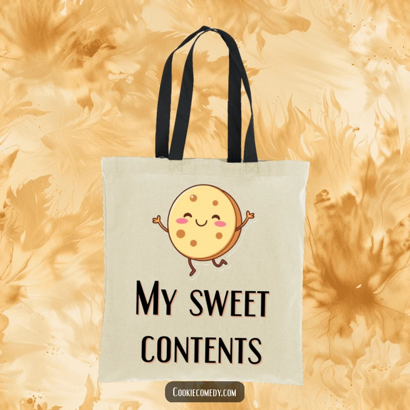 Funny, smiling round cookie character with short legs doing a happy dance, on a spacious tote bag.